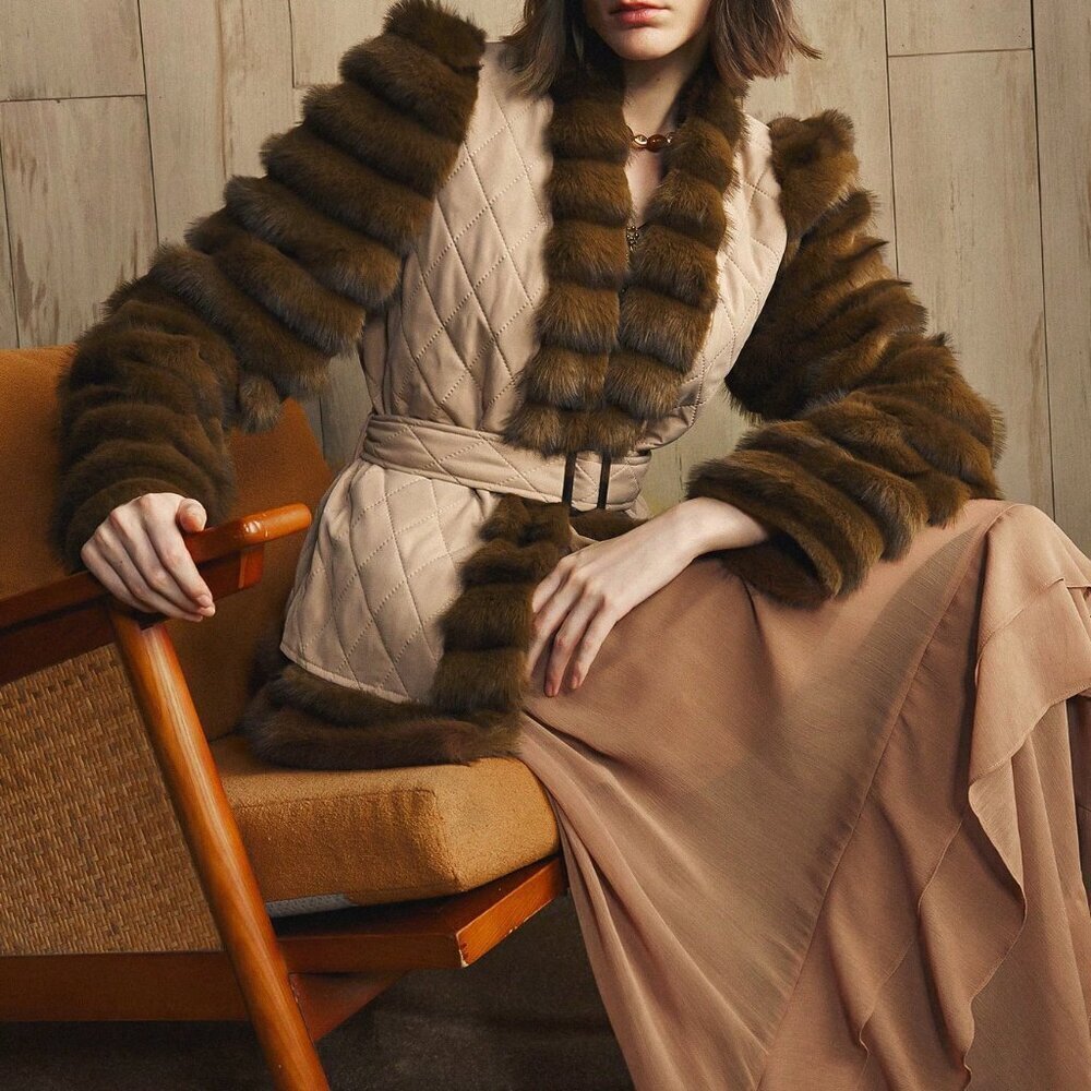 Khaki Casual Women's Quilted Fluffy Coat with Fake Fur